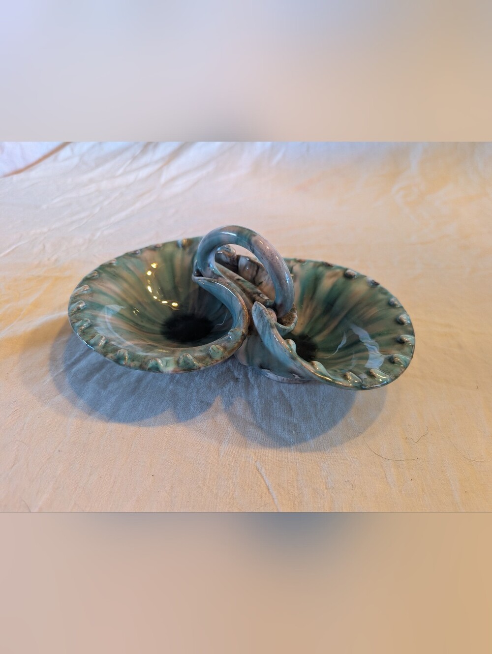 2/30$ Vintage Teal-Green Made in Italy Ceramic Double Bowl with Loop Handle